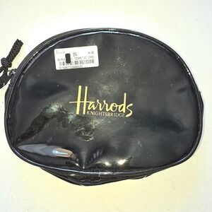 Harrods Knightsbridge Black Patent Cosmetic Case Makeup Bag Gold Logo Small